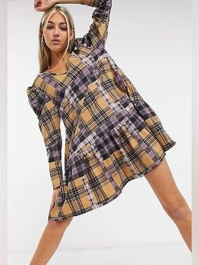 Collusion lilac and mustard mix check print structured sleeve fit & flare dress